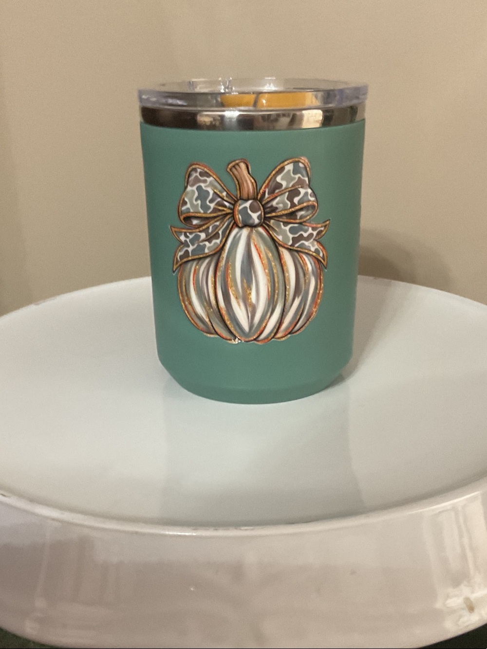 Source Unknown Teal Stemless Tumbler with Gold-Accented Pumpkin Decal